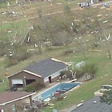 Aeria view of tornado damage to buildings