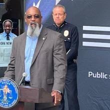 Harry Markley, FirstNet Authority senior public safety advisor for Law Enforcement, speaking at the Los Angeles police department.