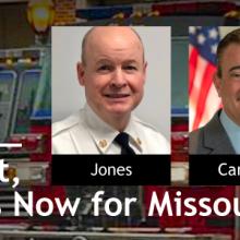 Episode 39 With FirstNet the Future is Now for Missouri Fire Chief Clayton Fire Department fire service vehicles; Public Safety First podcast icon; “With FirstNet the Future is Now for Missouri Fire Chief”; headshots of Chief John Paul Jones, Chief Richard Carrizzo, and Kyle Richardson