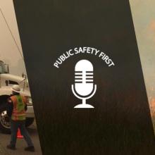  FirstNet Satellite Cell on Light Trucks (SatCOLT), Podcast logo and Firefighter looking at wildfire photo collage