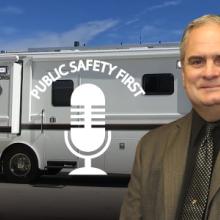 Headshot of Tom Lampe; Public Safety First podcast icon; Iowa Department of Public Safety Communications mobile command vehicle