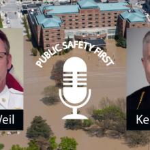 photo of flooded city with headshots of  Matt Weil, Team Coordinator, Oakland County, Michigan, Communications Support Team and Ken Kiley, Team Leader, Oakland County, Michigan, Communications Support Team 