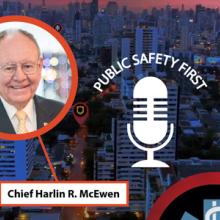 City landscape in the evening, Podcast Icon and Image (bubble)  of  Harlin McEwen, retired Police Chief and Former FirstNet Authority Public Safety Advisory Committee Chair