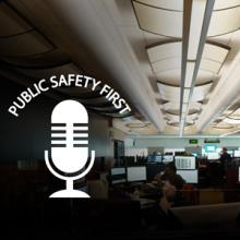 Emergency Communications Center dispatcher in front of monitor plus podcast/microphone logo Emergency Communications Center dispatcher in front of monitor plus podcast/microphone logo