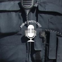 Law enforcement officer holds smartphone in hand; Public Safety First podcast logo