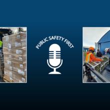FirstNet Satellite Cell on Light Truck, man operates forklift, Public Safety First podcast logo, crew of people unload boxes from flatbed truck, crew of people load supplies onto jet airplane