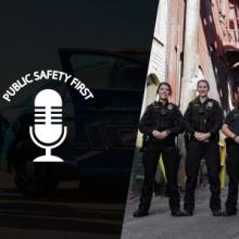 Group of police officers from Casper, Wyoming stand in a group talking; Group of female police officers from Casper, Wyoming stand in a line in alleyway; Public Safety First logo