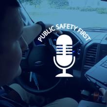 Public Safety First podcast logo; “Alabama Improving Damage Assessment with FirstNet”; emergency manager uses laptop in car