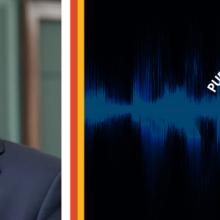 Headshot of FirstNet Authority Board Chair Steve Benjamin; Public Safety First Podcast logo; blue audio waveform