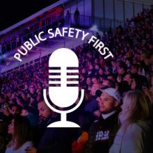 Episode 77: FirstNet powers Las Vegas Public Safety at the Big Game and F1 Grand Prix photo left-Las Vegas skyline Nigh time, photo right- FI crowd in stands , FN Podcast logo