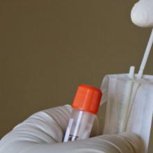 Gloved hands holding cotton swab being placed into a sample vial Gloved hands holding cotton swab being placed into a sample vial