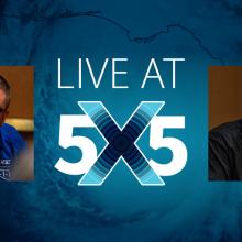  Four panelists — Pokey Harris, Josh Briggs, Tom Rogers, and Renee Gordon — seated and speaking with microphones in front of them “Live at 5x5” with a blue abstract background.