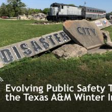 Episode 37: Evolving Public Safety Tech at the Texas A&M Winter Institute Public Safety First podcast icon; “Evolving Public Safety Tech at the Texas A&M Winter Institute”; Jacque Waring and Walt Magnussen stand in front of Disaster City at Texas A&M University