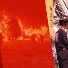 Episode 89: The "h" is silent, but public safety isn't: FirstNet connects Amherst responders Public Safety First podcast logo; “Public Safety First”; silhouettes of three uniformed firefighters fighting a fire amongst trees; Four firefighters wearing fireman hats and uniforms stand with their back to the camera; “Amherst Fire” visible on the back of their shirts.