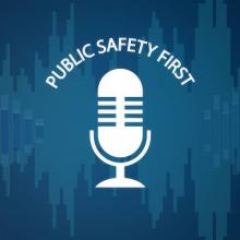 Public Safety First podcast logo; soundwaves; headshot of Trevin Hunter of Louisville Metro Emergency Services in Kentucky   