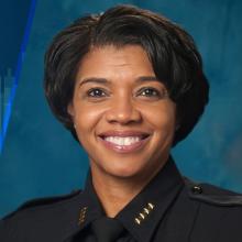 Public Safety First podcast logo; soundwaves; headshot of retired Phoenix Police Chief Jeri Williams