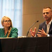 Public Safety First podcast logo; Dr. Kristen Wheldon, Assistant Chief Patrick Fale, and Undersheriff Sylvia Moir discuss wellness during a panel at 5x5 in Chicago.