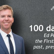 FirstNet Authority CEO Edward Parkinson stands in front of American flag; Public Safety First podcast icon; “100 days as CEO; Ed Parkinson on the FirstNet Authority’s past, present, and future”