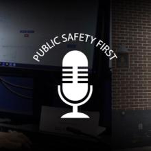 Public Safety First podcast logo; women facing computer screen and a fire truck