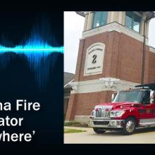 The Public Safety First logo, two Parma Fire fire engines parked in front of a station with a brick facade, and the words "FirstNet gives Parma Fire Comms Coordinator connectivity 'anywhere'