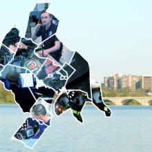 View of the Potomac River Green Bank and Washington DC skyline; map outline of Washington Metropolitan area; first responders