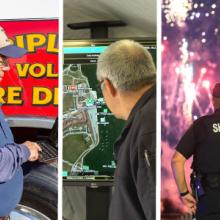 Electrical worker fixing telephone wire; EMS worker using smartphone in the back of an ambulance; volunteer fireman using tablet in front of fire engine; emergency manager looking at a map on a screen; sheriff watching fireworks; firefighter; 9-1-1 operator sitting at a computer