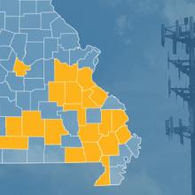 County map of Missouri with counties with new FirstNet site builds highlighted, a cell tower