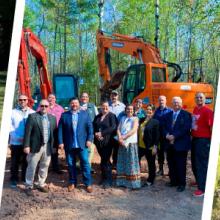 A man standing in front of a compact rapid deployable; a group photo of public safety and FirstNet Authority personnel at the Red Cliffs tower groundbreaking; a crane digging ground A man standing in front of a compact rapid deployable; a group photo of public safety and FirstNet Authority personnel at the Red Cliffs tower groundbreaking; a crane digging ground