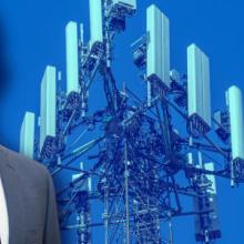 FirstNet Authority logo; Edward Parkinson headshot; a 5G cell tower FirstNet Authority logo; Edward Parkinson headshot; a 5G cell tower