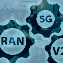 Photo of a 3GPP meeting room with people sitting at tables and working on computers, overlaid with gear icons and wireless network terminology: RAN, 5G, V2X, Core, MCdata. Photo of a 3GPP meeting room with people sitting at tables and working on computers, overlaid with gear icons and wireless network terminology: RAN, 5G, V2X, Core, MCdata.