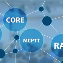 People in conference room working on computers, overlaid with a web of circles and wireless network terminology: “MCdata, NTN, CORE, MCPTT, RAN, V2X, 5G”