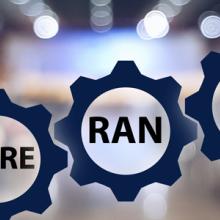 Photo of a 3GPP meeting room with people sitting at tables and working on computers, overlaid with gear icons and wireless network terminology: RAN, 5G, V2X, Core, MCdata. Photo of a 3GPP meeting room with people sitting at tables and working on computers, overlaid with gear icons and wireless network terminology: RAN, 5G, V2X, Core, MCdata.