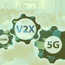 Photo of a 3GPP meeting room with people sitting at tables and working on computers, overlaid with gear icons and wireless network terminology: “RAN, 5G, V2X, Core, MCdata"