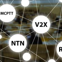 Photo of a meeting room with people sitting and working on computers, overlaid with circles connected with lines, suggesting networking. Circles contain wireless network terminology: “5G; CORE; MCPTT; NTN; V2X; RAN; MCdata”
