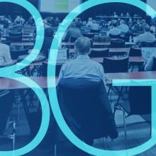 : Conference attendees at the March 2024 3GPP plenary session; an overlay of “3GPP”.