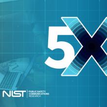 A public safety official shares information with an app developer; 5x5: The Public Safety Innovation Summit logo