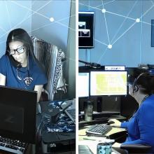 An emergency telecommunicator seated at a desk, working remotely; an emergency telecommunicator on a phone call at her desk, working remotely; an emergency telecommunicator working at her desk at an emergency communications center; a laptop sitting on a desk.