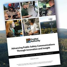 Cover page of the FirstNet Authority Fiscal Year 2022 Annual Report to Congress; a cell tower in a forested area