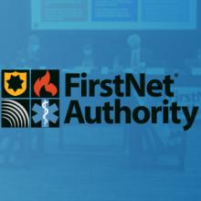 First Responder Network Authority logo with Board meeting photo on blue gradient background