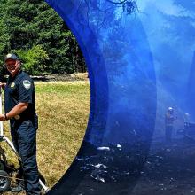 Split image with first responders standing in front of a FirstNet Compact Rapid Deployable and firefighters responding to an automobile accident in a forest.