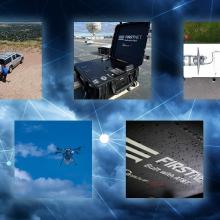 A sky backdrop overlaid with connected lines and images depicting FirstNet deployable assets, including a flying Cell on Wheels, a FirstNet device cache, a compact rapid deployable hitched to an SUV, mini-compact rapid deployables, Satellite Cells on Light Trucks, a Cell on Wheels, a compact rapid deployable in a wooded area, a compact rapid deployable in Times Square, and a compact rapid deployable on an amphibious vehicle traveling across water.  