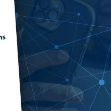 A series of interconnected web of lines and points serving as a backdrop to a close-up view of a first responder’s hand holding a FirstNet-enabled mobile device; The FirstNet Operations Manual report cover.