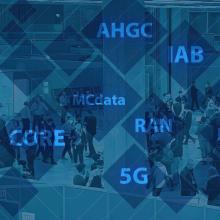An illustration depicting technology and connection with acronyms including “AHGC,” “IAB,” “MCdata,” “RAN,” “R19,” “CORE,” and “5G”; A large group of people at a 3GPP conference