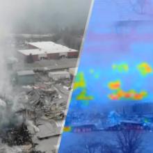 An aerial view of an industrial building ravaged by a fire and the drone footage of the wreckage showing a heat map; "Durham Fire Department"