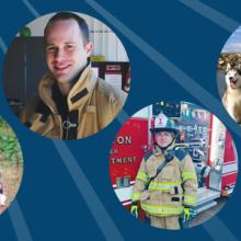 Six photos of first responders: a headshot of a woman, a man running with a dog, a firefighter inside a firehouse, a firefighter in front of a fire truck, a woman kneeling with two dogs, and a man in a police uniform. 