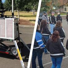 A FirstNet CRD; A group of Oregon public safety personnel going over the functionality of a FirstNet CRD for an earthquake disaster drill.