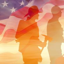 Silhouette of five first responders representing the fire service, emergency management, EMS, 9-1-1, and law enforcement. Background of the American flag.