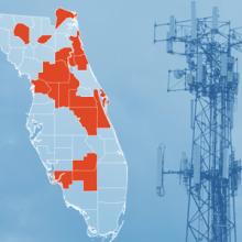 The State of Florida, with outlined county borders; a cell tower.