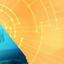 The silhouette of the State of California revealing a cell tower inside; radiating connectivity illustration