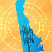 The silhouette of the State of Delaware revealing a cell tower inside; radiating connectivity illustration